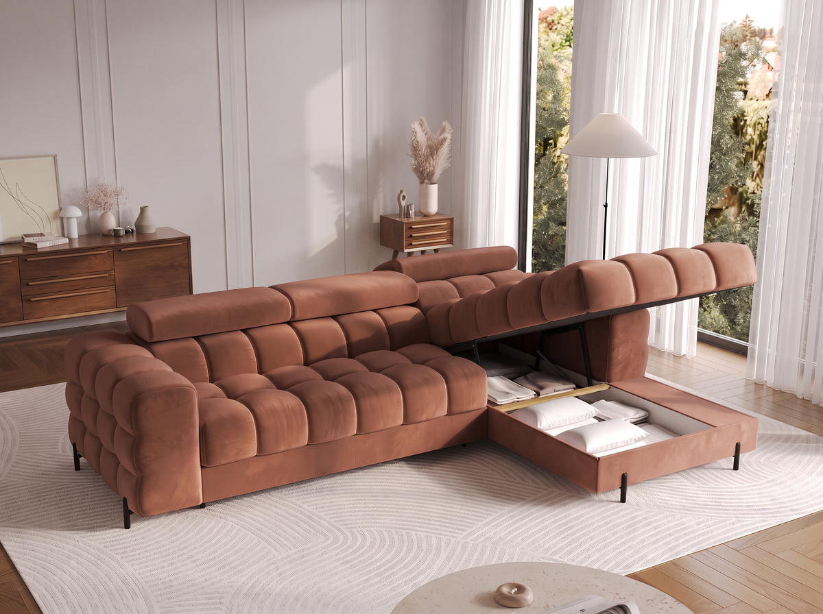 MONTCEAU ANGLE — Canapé d’angle avec coffre de rangement velours terracotta