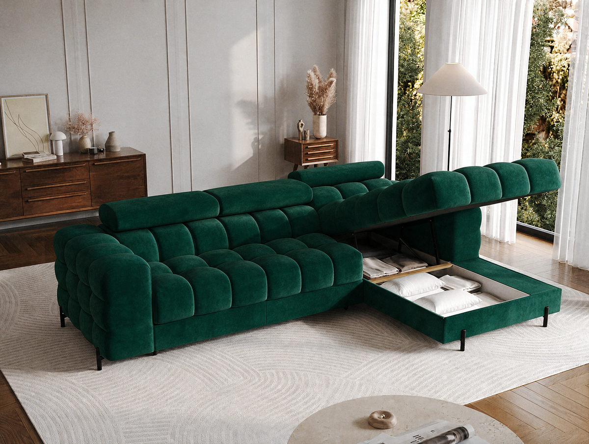 MONTCEAU ANGLE — Canapé d’angle avec coffre de rangement velours vert sapin