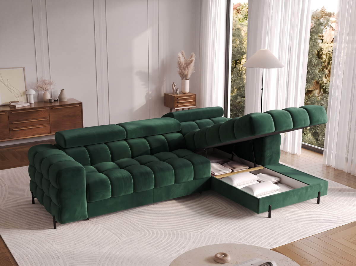 MONTCEAU ANGLE — Canapé d’angle avec coffre de rangement velours vert sapin