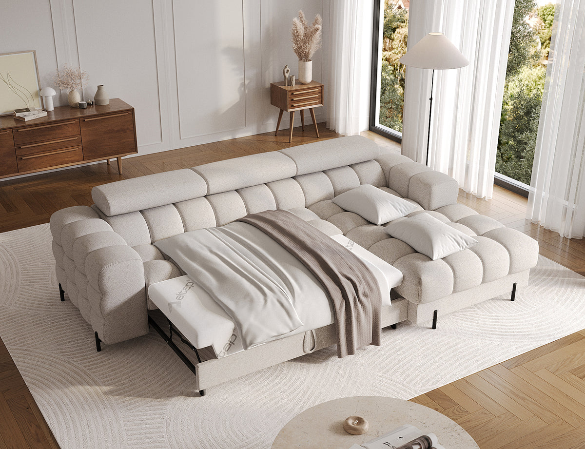 MONTCEAU ANGLE — Canapé d’angle avec couchage dépliable bouclette chinée beige