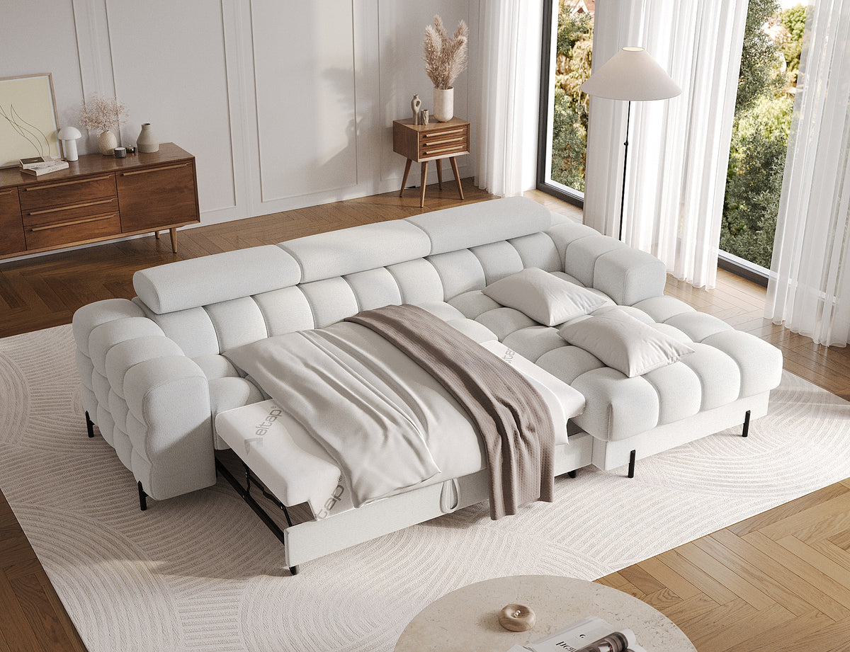 MONTCEAU ANGLE — Canapé d’angle avec couchage dépliable bouclette chinée crème