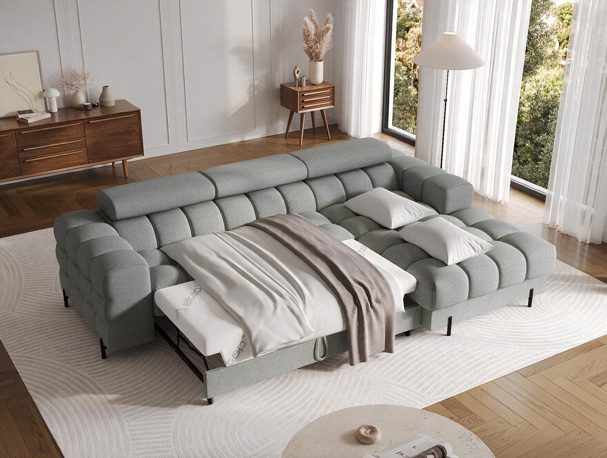 MONTCEAU ANGLE — Canapé d’angle avec couchage dépliable bouclette chinée gris