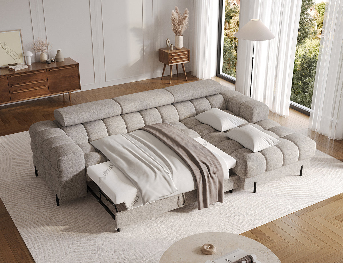 MONTCEAU ANGLE — Canapé d’angle avec couchage dépliable bouclette chinée taupe