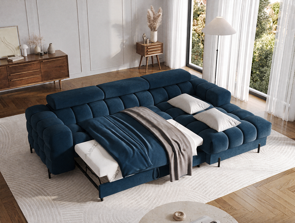 MONTCEAU ANGLE — Canapé d’angle avec couchage dépliable velours bleu marine