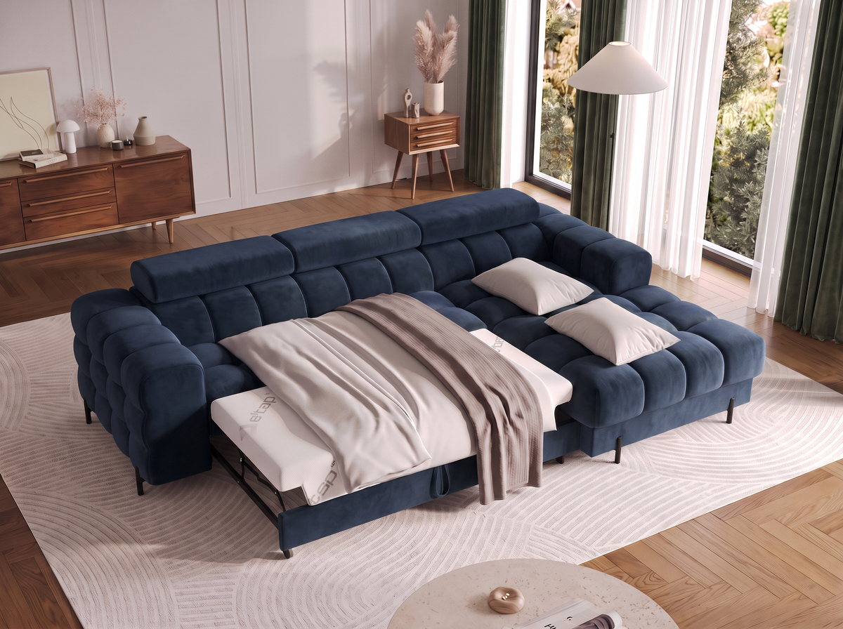 MONTCEAU ANGLE — Canapé d’angle avec couchage dépliable velours bleu marine