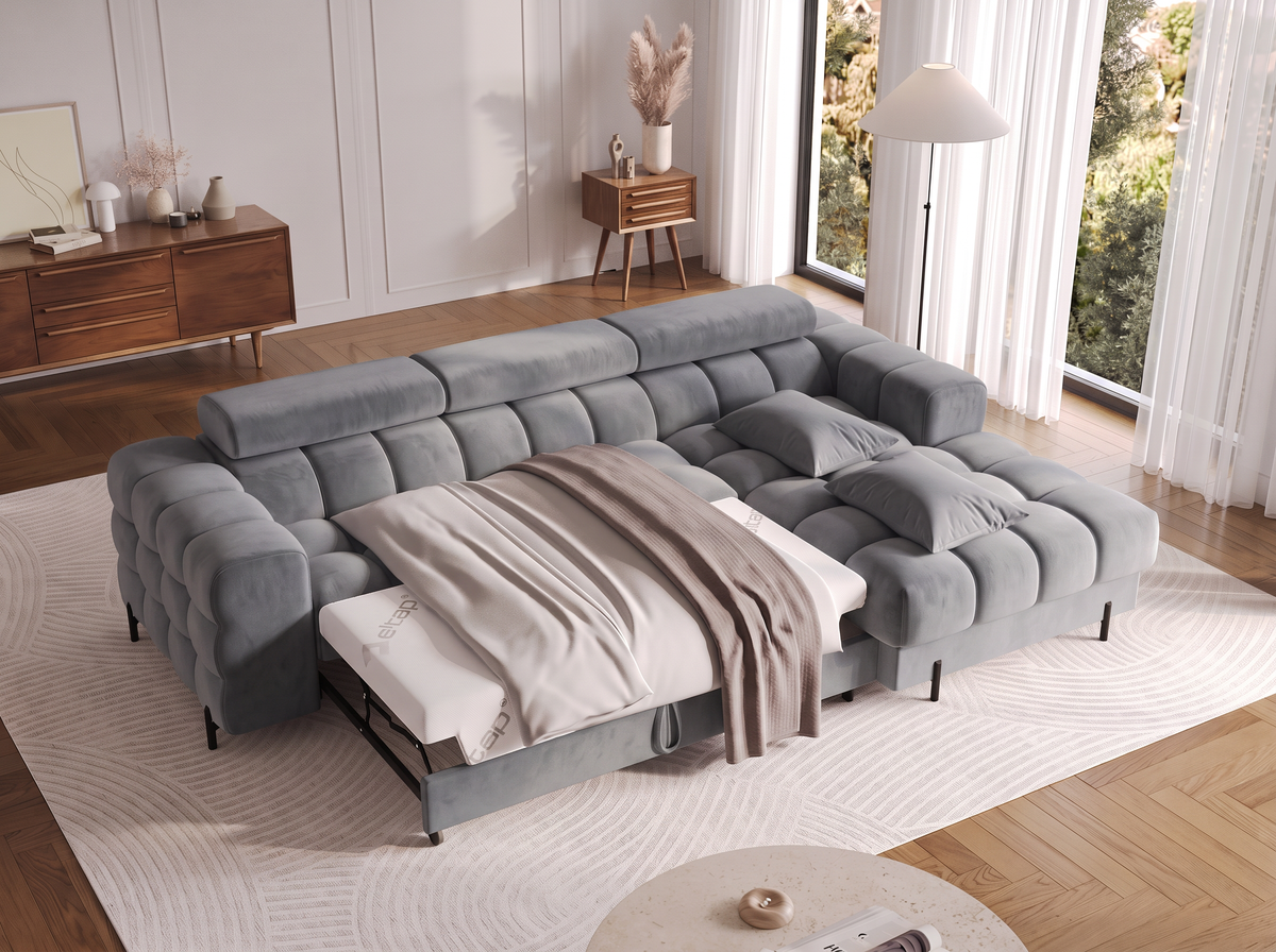 MONTCEAU ANGLE — Canapé d’angle avec couchage dépliable velours gris clair