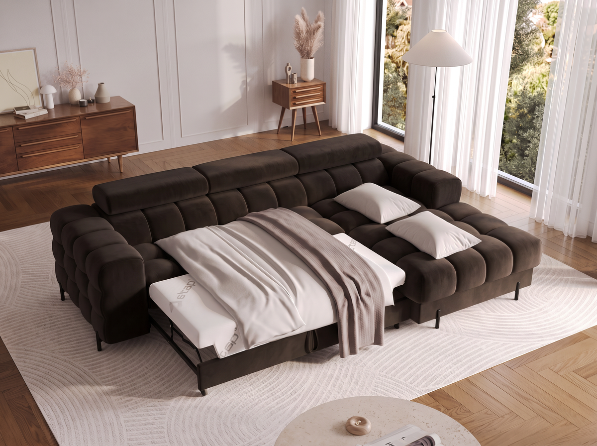 MONTCEAU ANGLE — Canapé d’angle avec couchage dépliable velours marron foncé