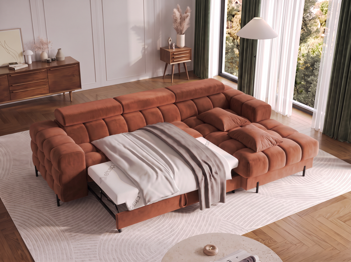 MONTCEAU ANGLE — Canapé d’angle avec couchage dépliable velours terracotta