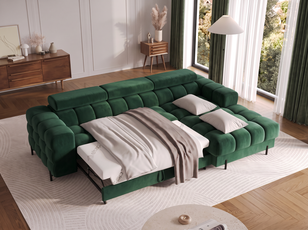 MONTCEAU ANGLE — Canapé d’angle avec couchage dépliable velours vert sapin