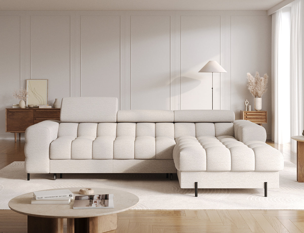 MONTCEAU ANGLE — Canapé d’angle avec méridienne bouclette chinée beige