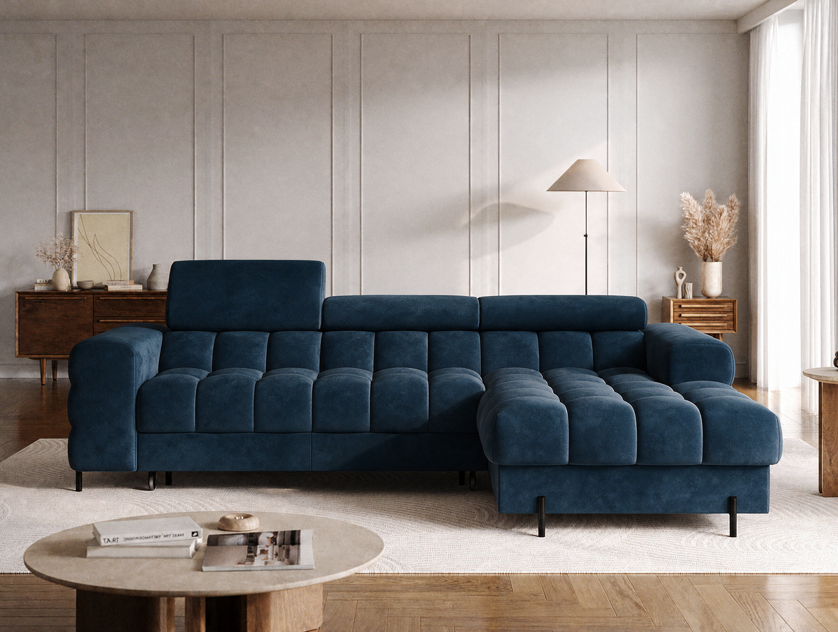 MONTCEAU ANGLE — Canapé d’angle avec méridienne velours bleu marine