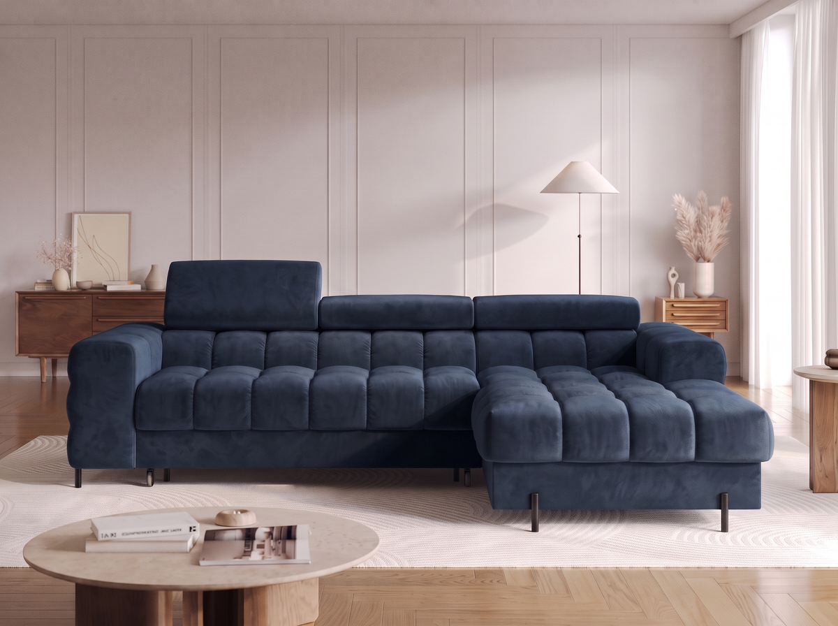 MONTCEAU ANGLE — Canapé d’angle avec méridienne velours bleu marine