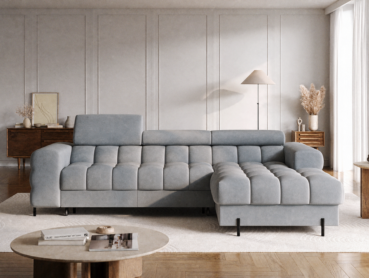 MONTCEAU ANGLE — Canapé d’angle avec méridienne velours gris clair