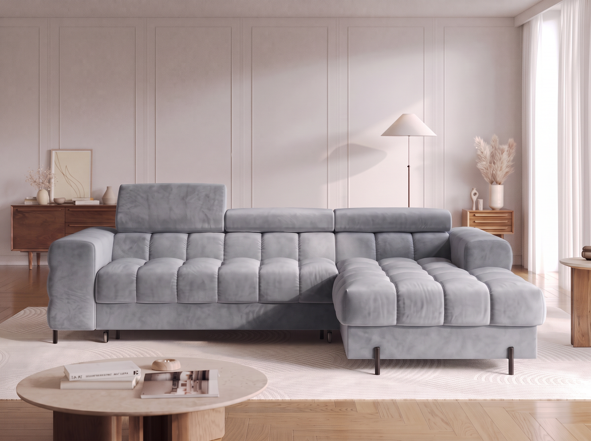 MONTCEAU ANGLE — Canapé d’angle avec méridienne velours gris clair