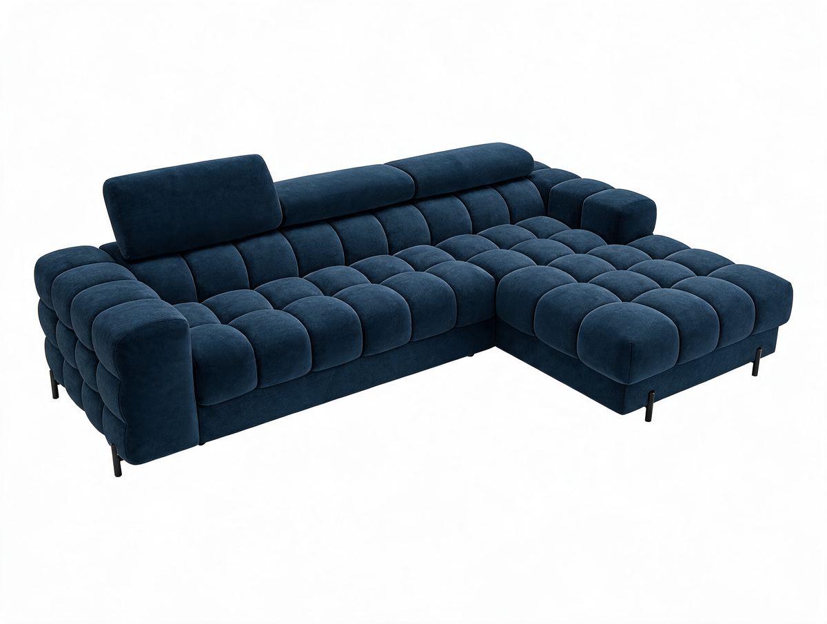 MONTCEAU ANGLE — Canapé d’angle avec têtières réglables velours bleu marine