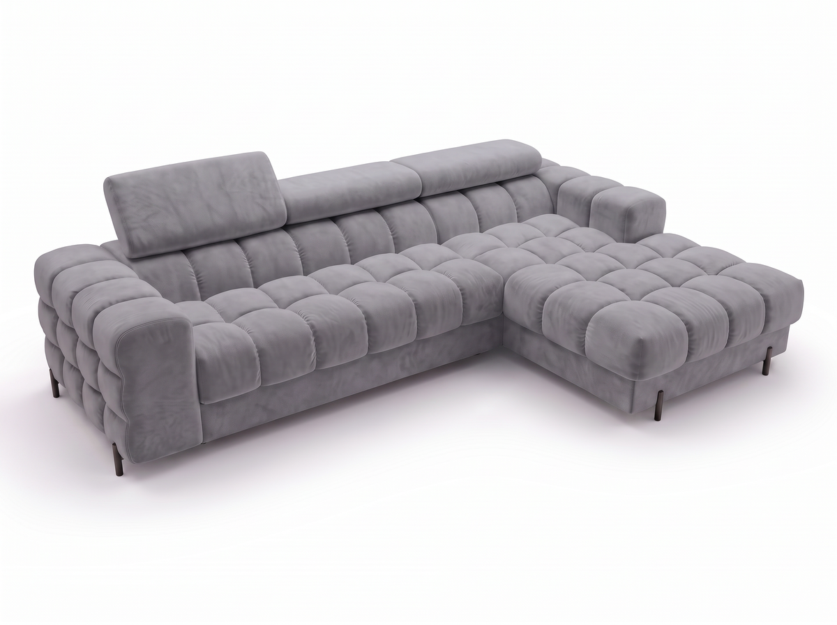 MONTCEAU ANGLE — Canapé d’angle avec têtières réglables velours gris clair