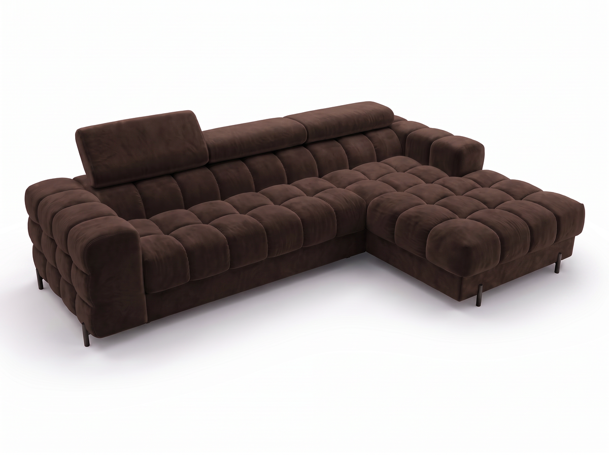 MONTCEAU ANGLE — Canapé d’angle avec têtières réglables velours marron foncé