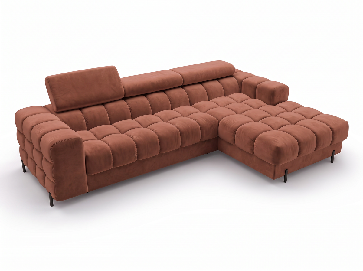 MONTCEAU ANGLE — Canapé d’angle avec têtières réglables velours terracotta