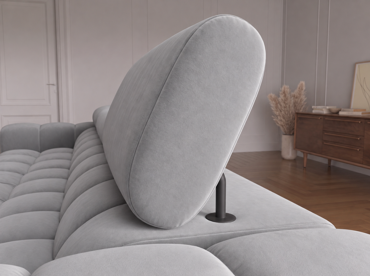 MONTCEAU ANGLE — Canapé d’angle avec têtières relevables velours gris clair