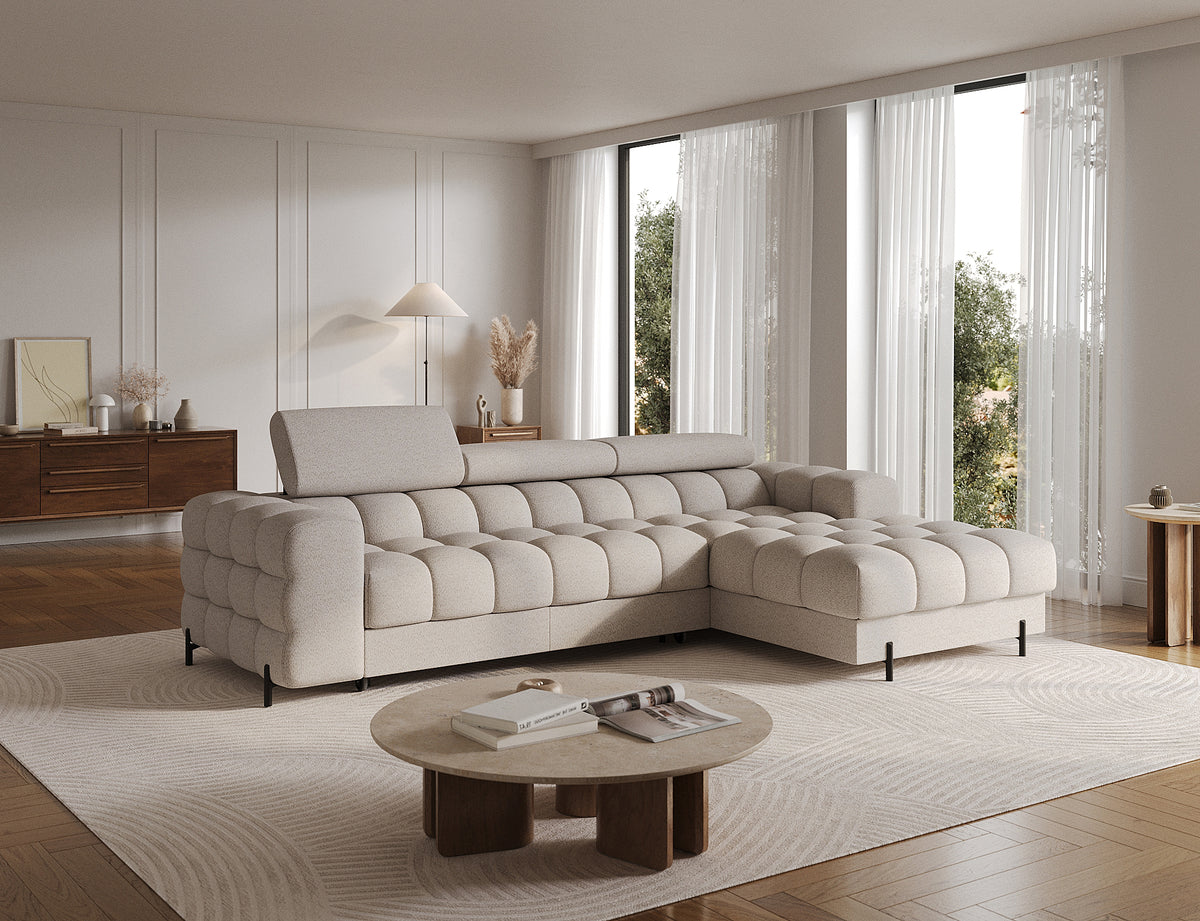 MONTCEAU ANGLE — Canapé d’angle bouclette chinée beige aux assises généreuses