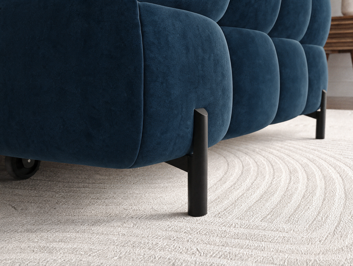 MONTCEAU ANGLE — Canapé d’angle sur pieds en métal noir velours bleu marine