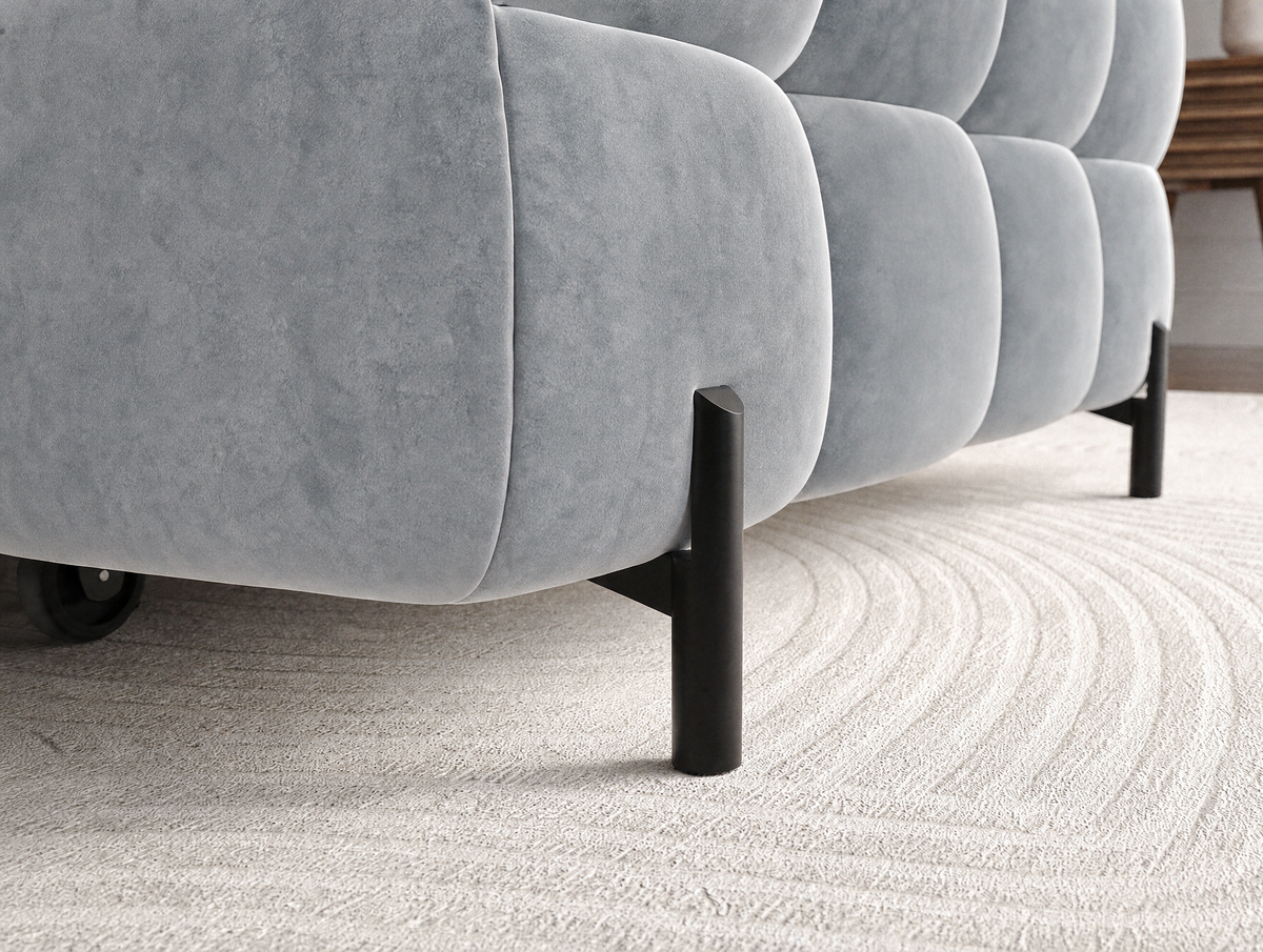MONTCEAU ANGLE — Canapé d’angle sur pieds en métal noir velours gris clair