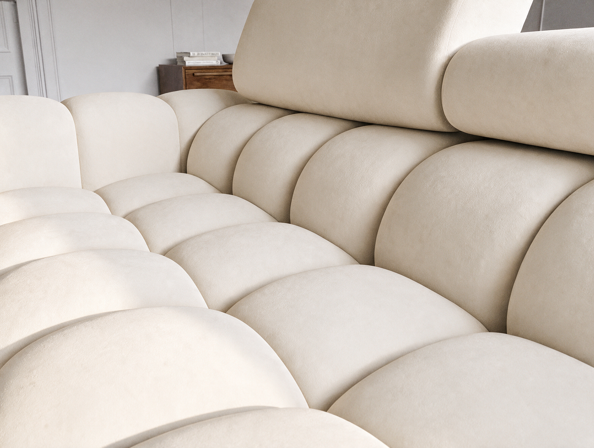 MONTCEAU ANGLE — Canapé d’angle velours beige à assise capitonnée