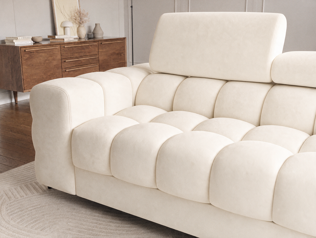 MONTCEAU ANGLE — Canapé d’angle velours beige à dossier rembourré