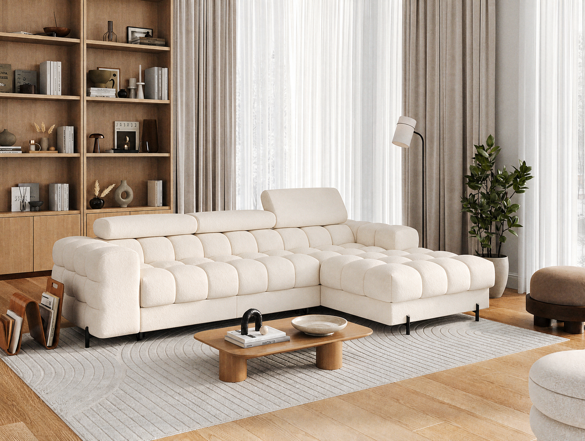 MONTCEAU ANGLE — Canapé d’angle velours beige avec accoudoirs rembourrés
