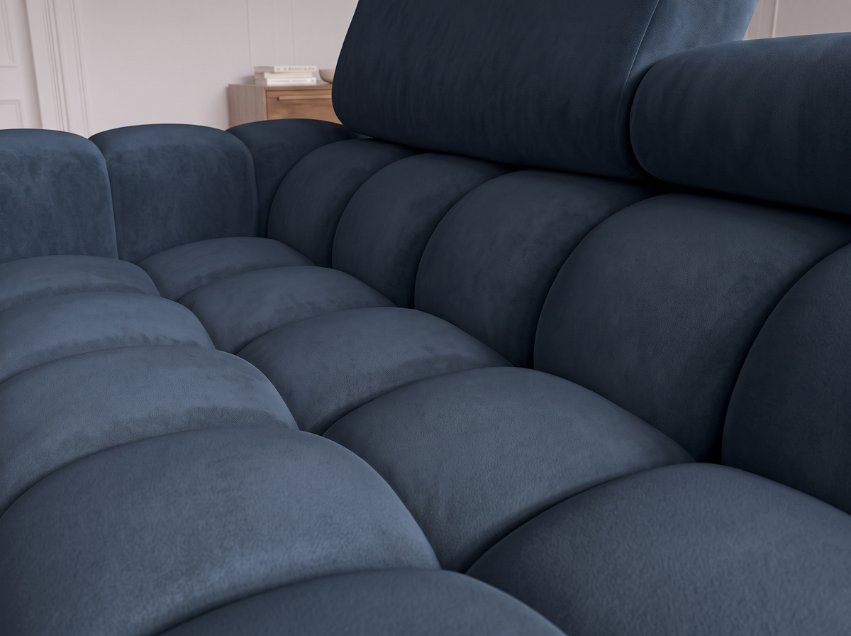 MONTCEAU ANGLE — Canapé d’angle velours bleu marine à assise capitonnée