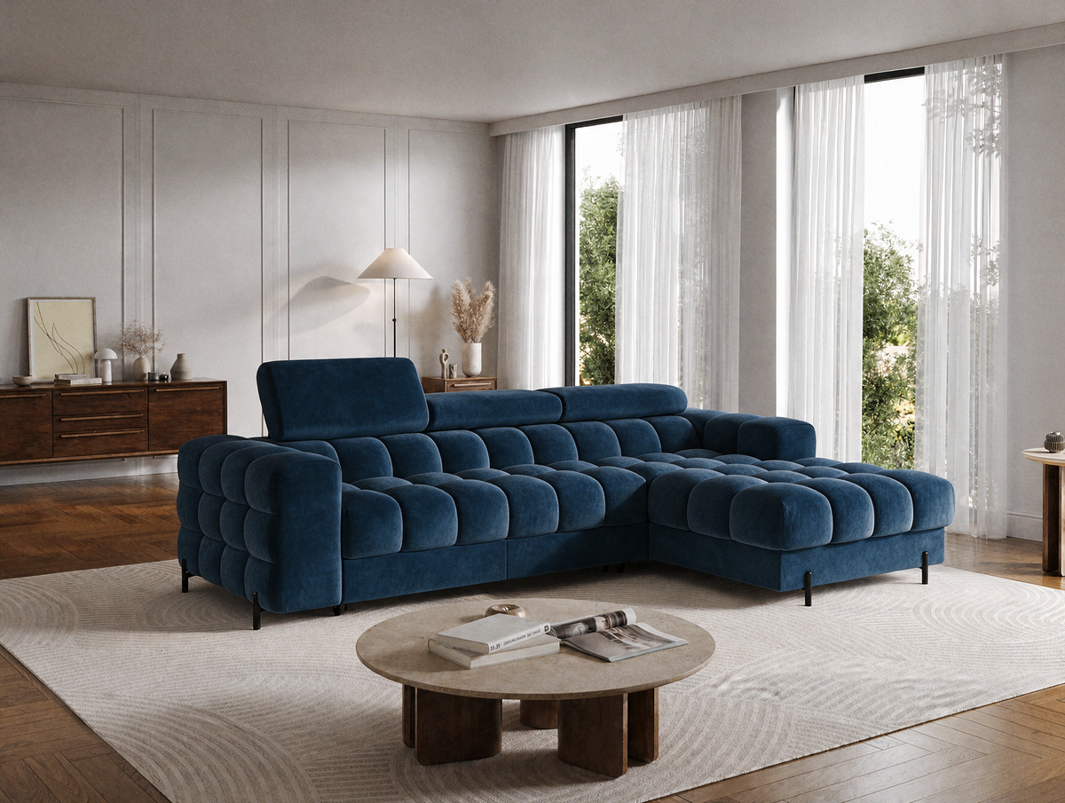 MONTCEAU ANGLE — Canapé d’angle velours bleu marine aux assises généreuses