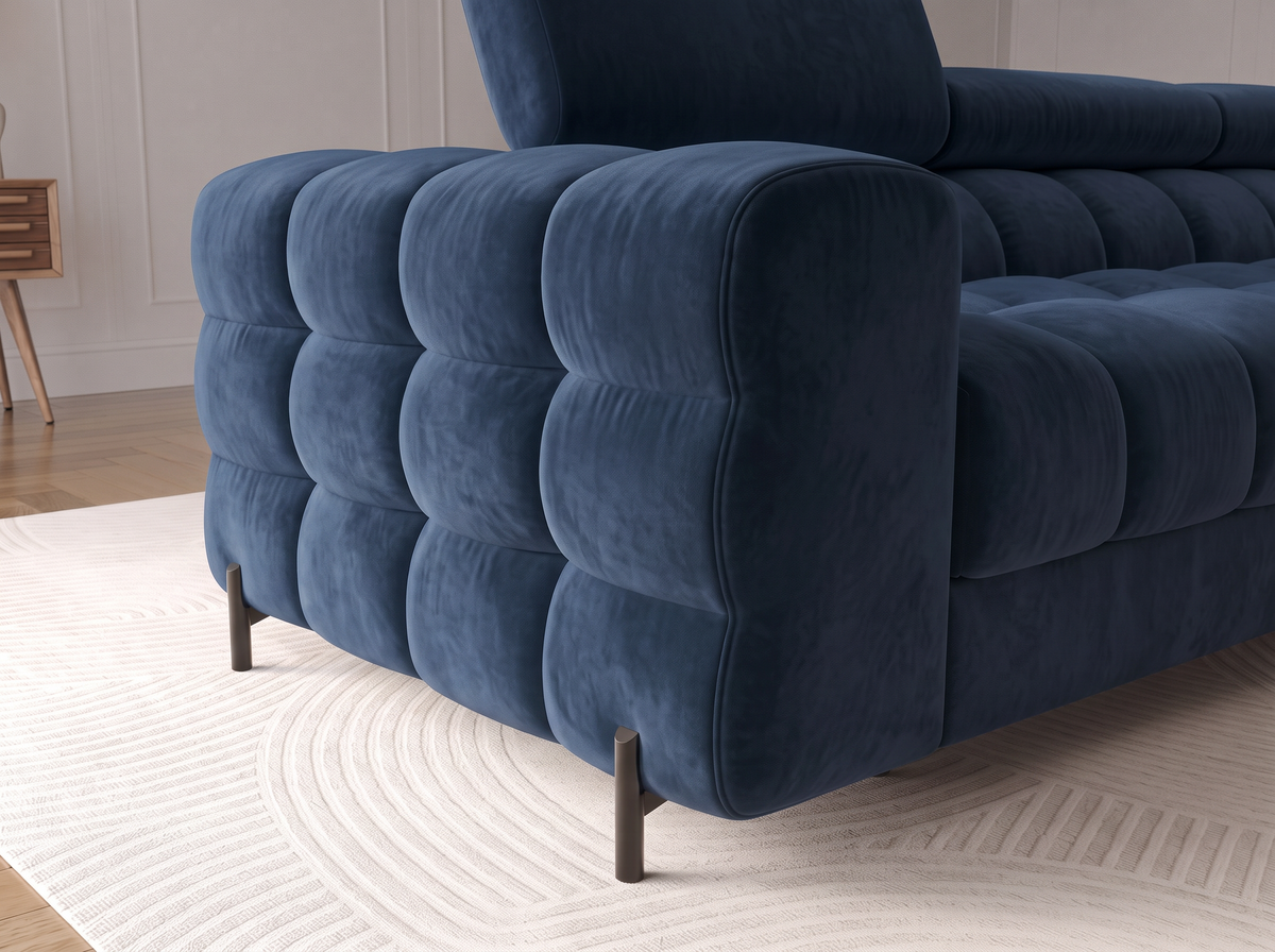 MONTCEAU ANGLE — Canapé d’angle velours bleu marine aux formes arrondies