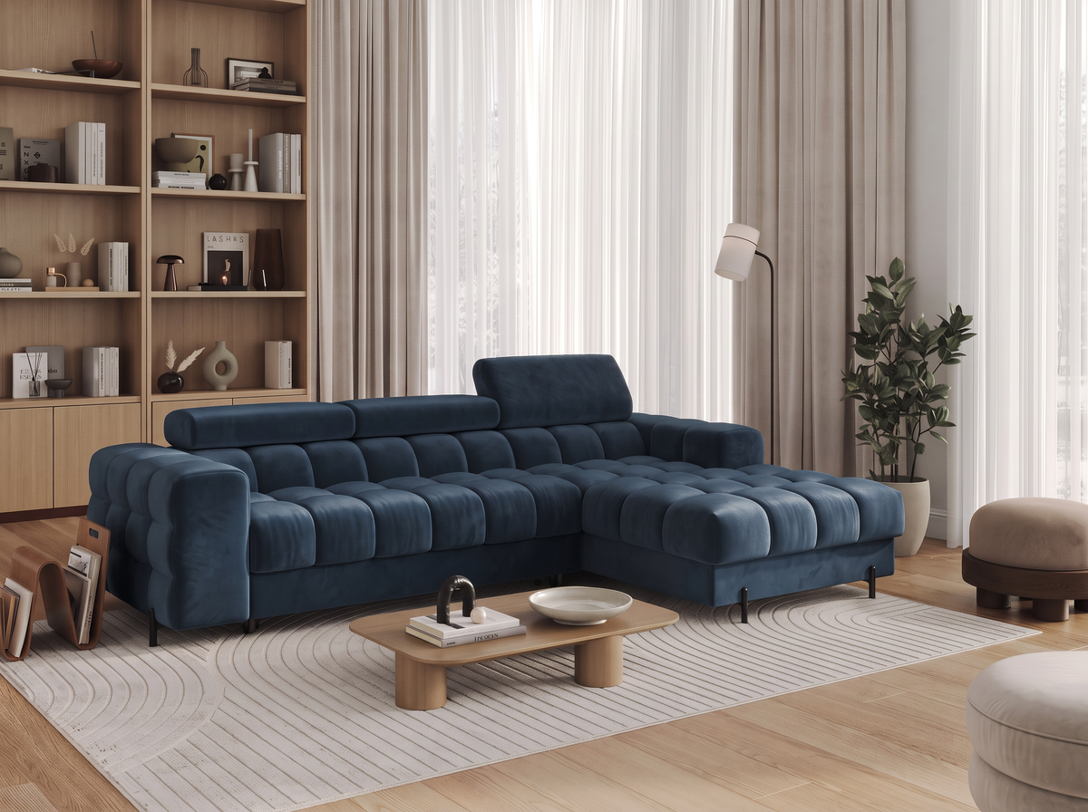 MONTCEAU ANGLE — Canapé d’angle velours bleu marine avec accoudoirs rembourrés