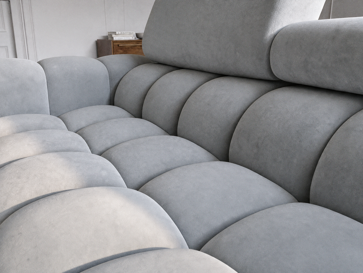 MONTCEAU ANGLE — Canapé d’angle velours gris clair à assise capitonnée