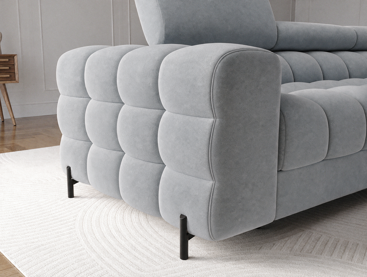 MONTCEAU ANGLE — Canapé d’angle velours gris clair aux formes arrondies