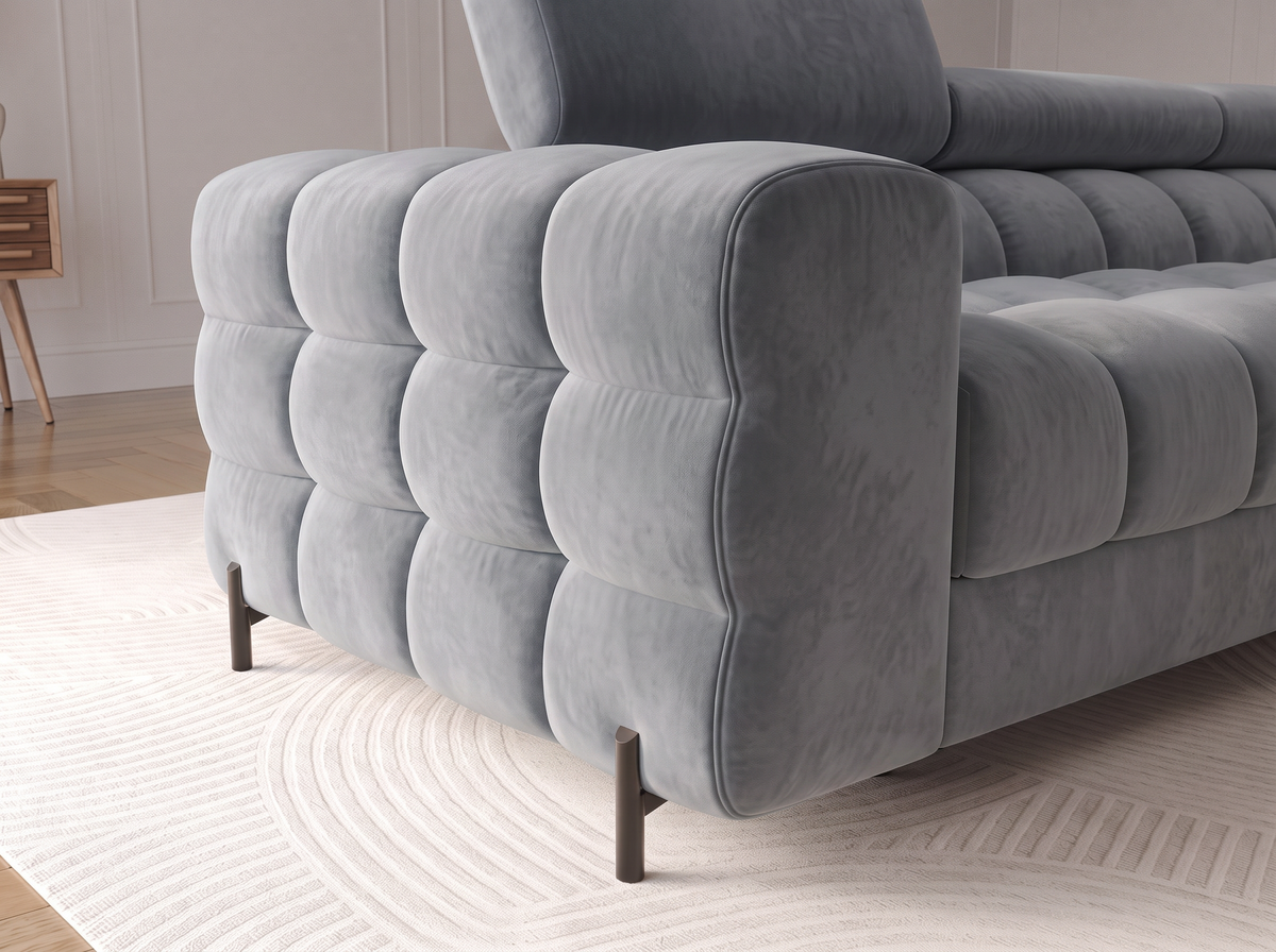 MONTCEAU ANGLE — Canapé d’angle velours gris clair aux formes arrondies