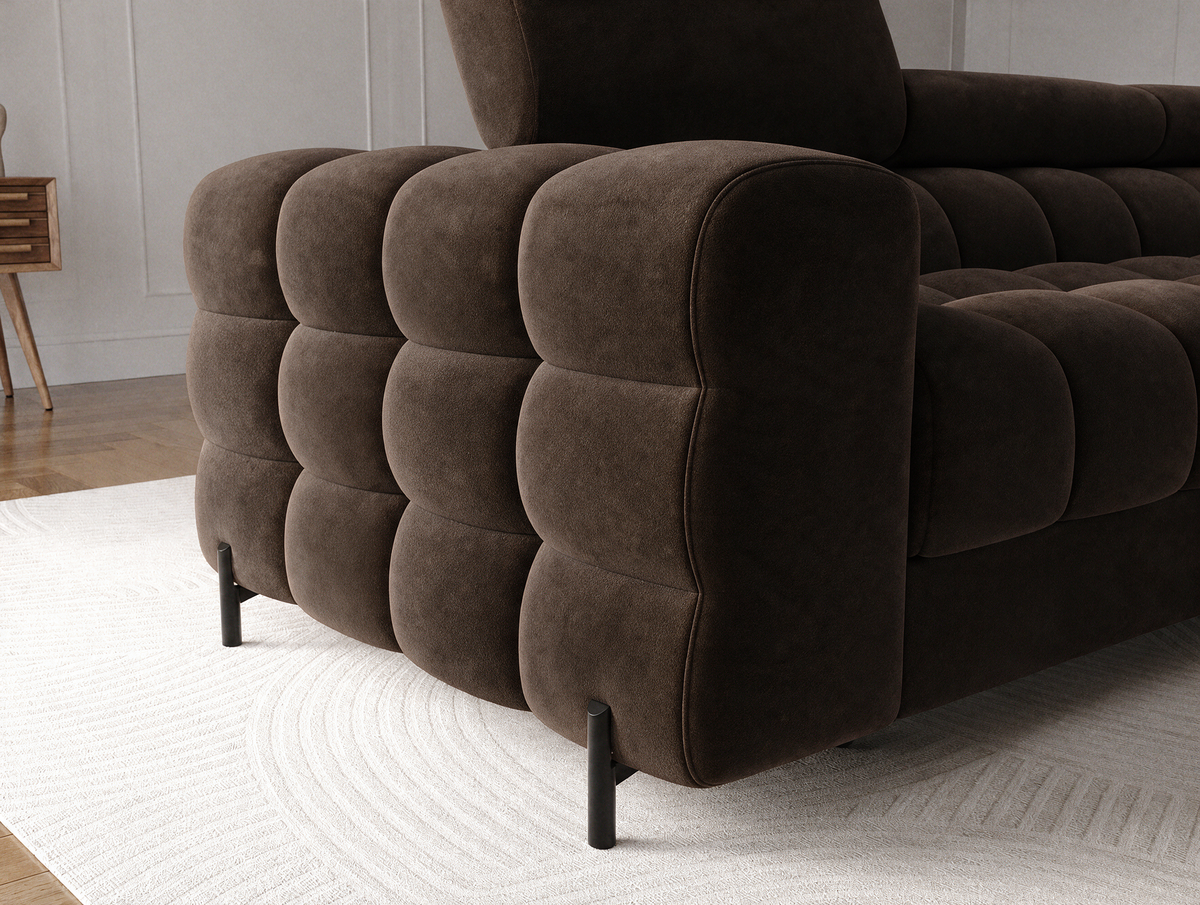 MONTCEAU ANGLE — Canapé d’angle velours marron foncé aux formes arrondies