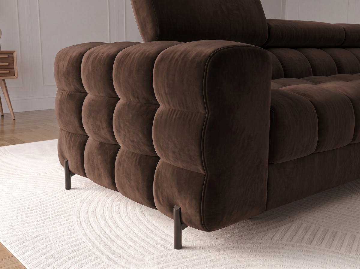 MONTCEAU ANGLE — Canapé d’angle velours marron foncé aux formes arrondies