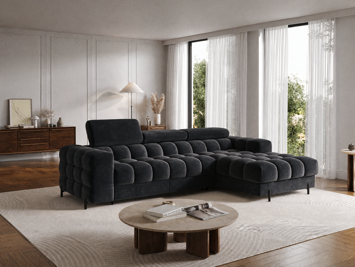 MONTCEAU ANGLE — Canapé d’angle velours noir aux assises généreuses