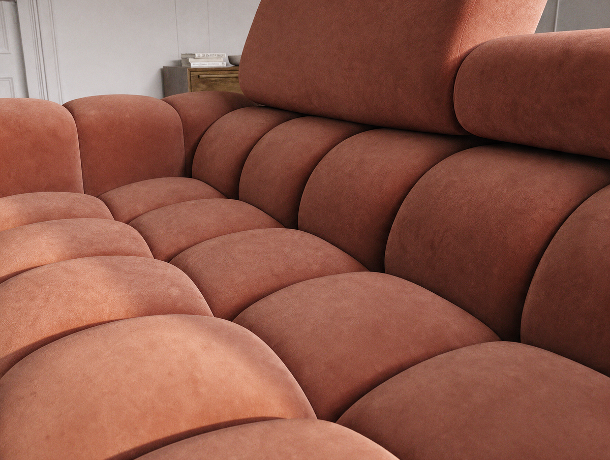 MONTCEAU ANGLE — Canapé d’angle velours terracotta à assise capitonnée