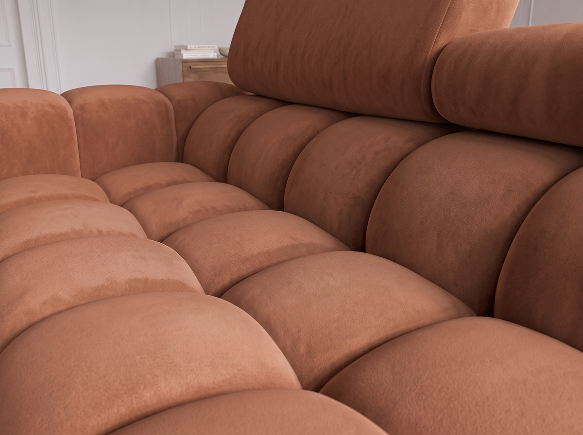 MONTCEAU ANGLE — Canapé d’angle velours terracotta à assise capitonnée