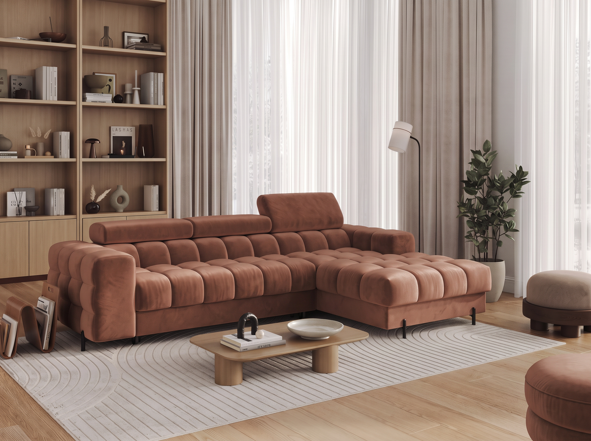MONTCEAU ANGLE — Canapé d’angle velours terracotta avec accoudoirs rembourrés