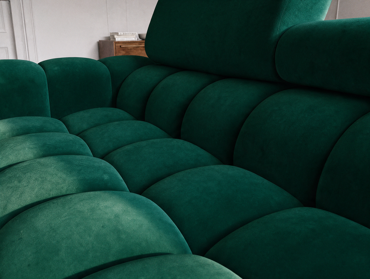 MONTCEAU ANGLE — Canapé d’angle velours vert sapin à assise capitonnée