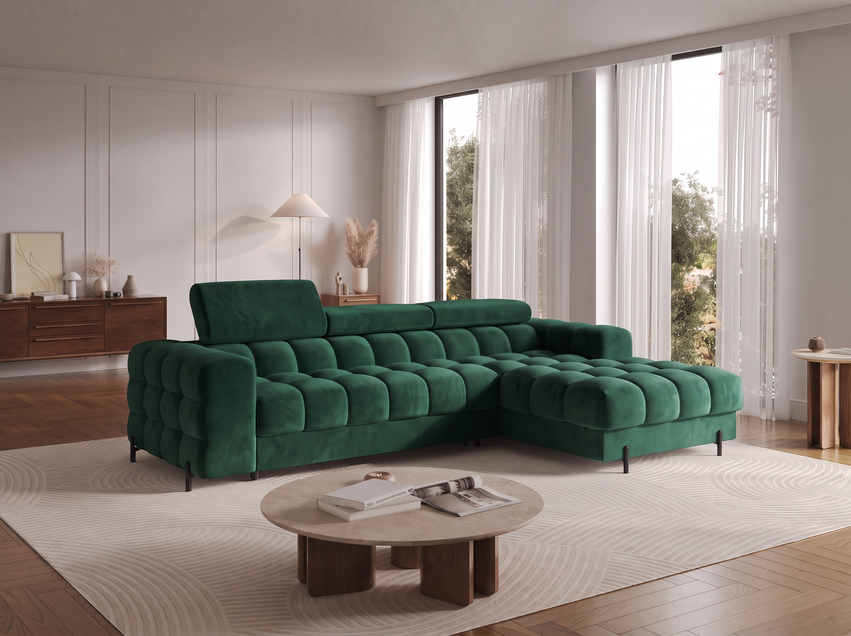 MONTCEAU ANGLE — Canapé d’angle velours vert sapin aux assises généreuses