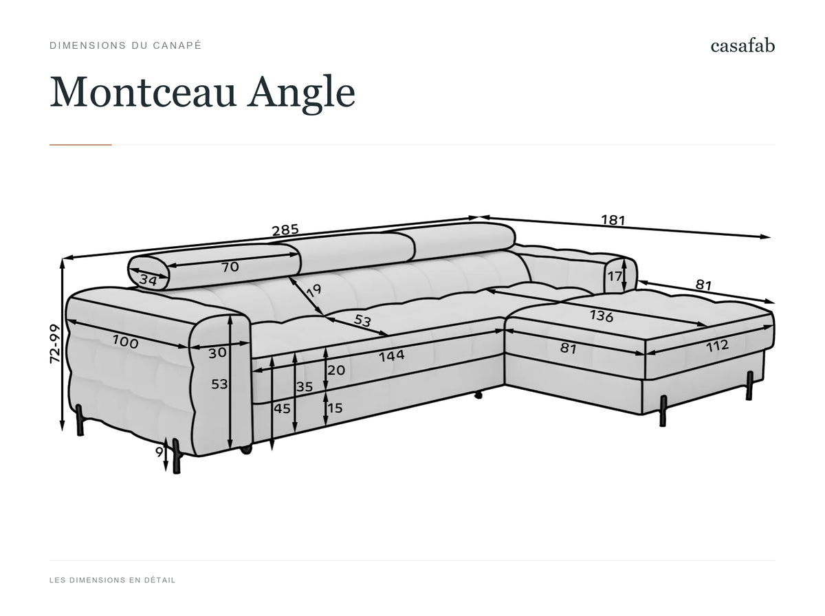 MONTCEAU ANGLE — Dimensions du canapé
