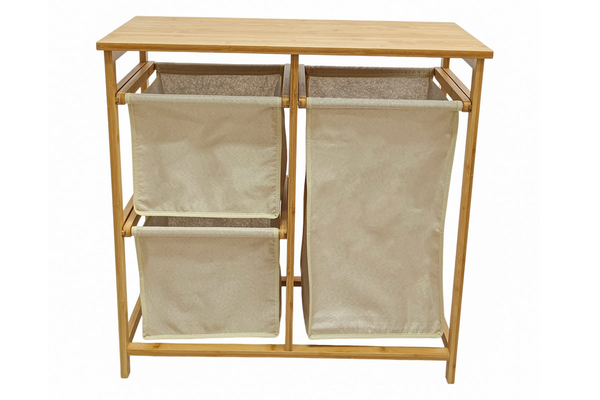 Panier à linge en bois massif LAGOON SPA 70cm naturel beige bambou trois sacs à linge lavables