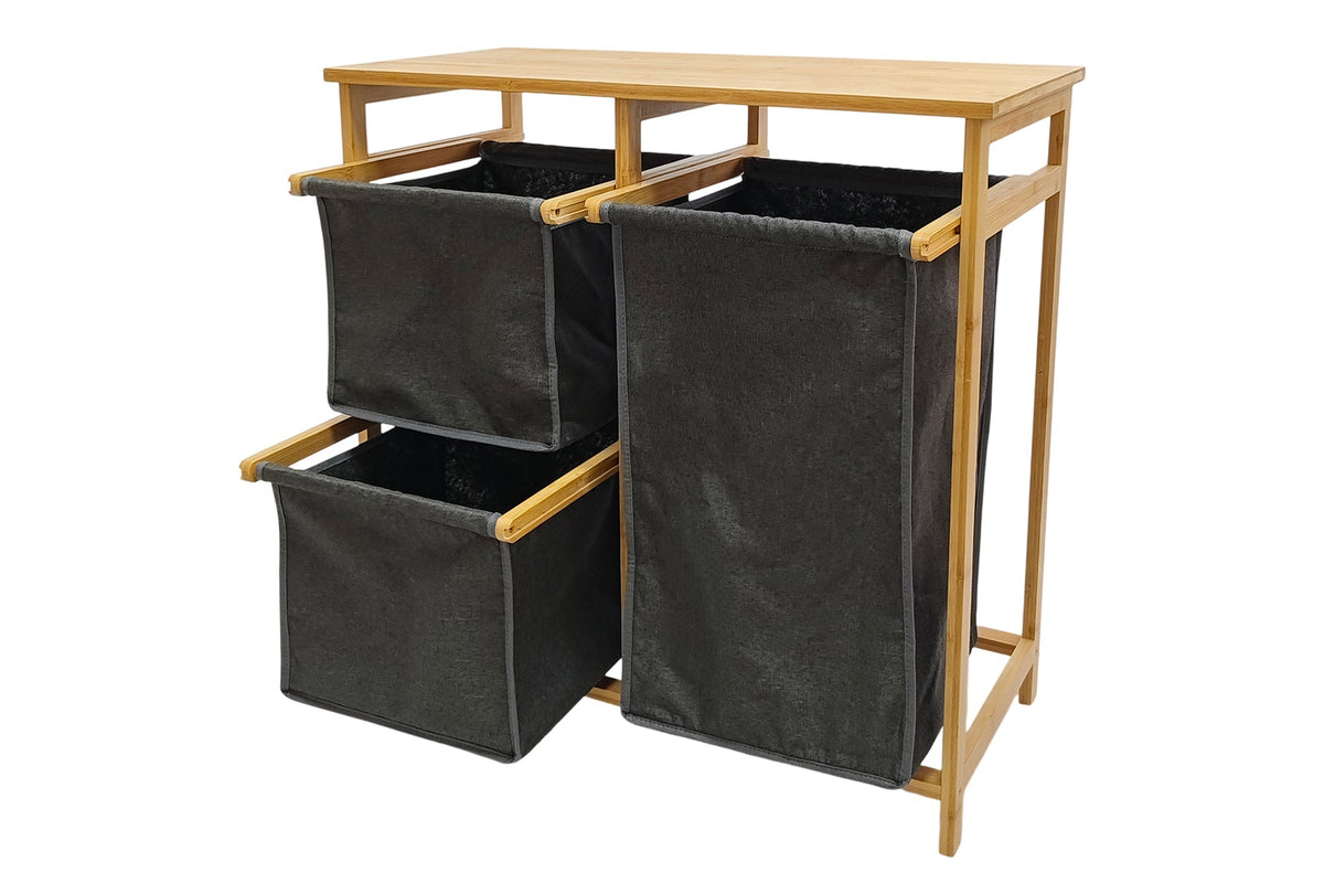 Panier à linge en bois massif LAGOON SPA 70cm naturel gris bambou trois sacs à linge lavables
