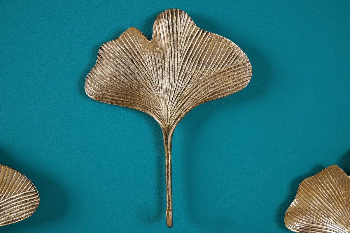 Patère décorative lot de 3 GINKGO 30cm métal doré fait main
