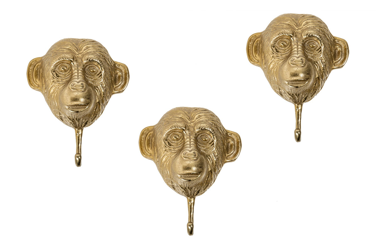 Patère extravagante set de 3 TROIS SINGES 25cm or fait main