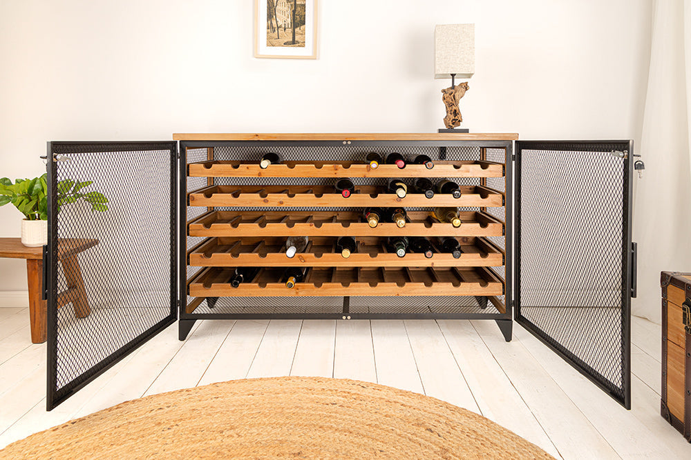 Planche à vin design BODEGA 130cm casier à bouteilles en métal et bois de sapin noir naturel